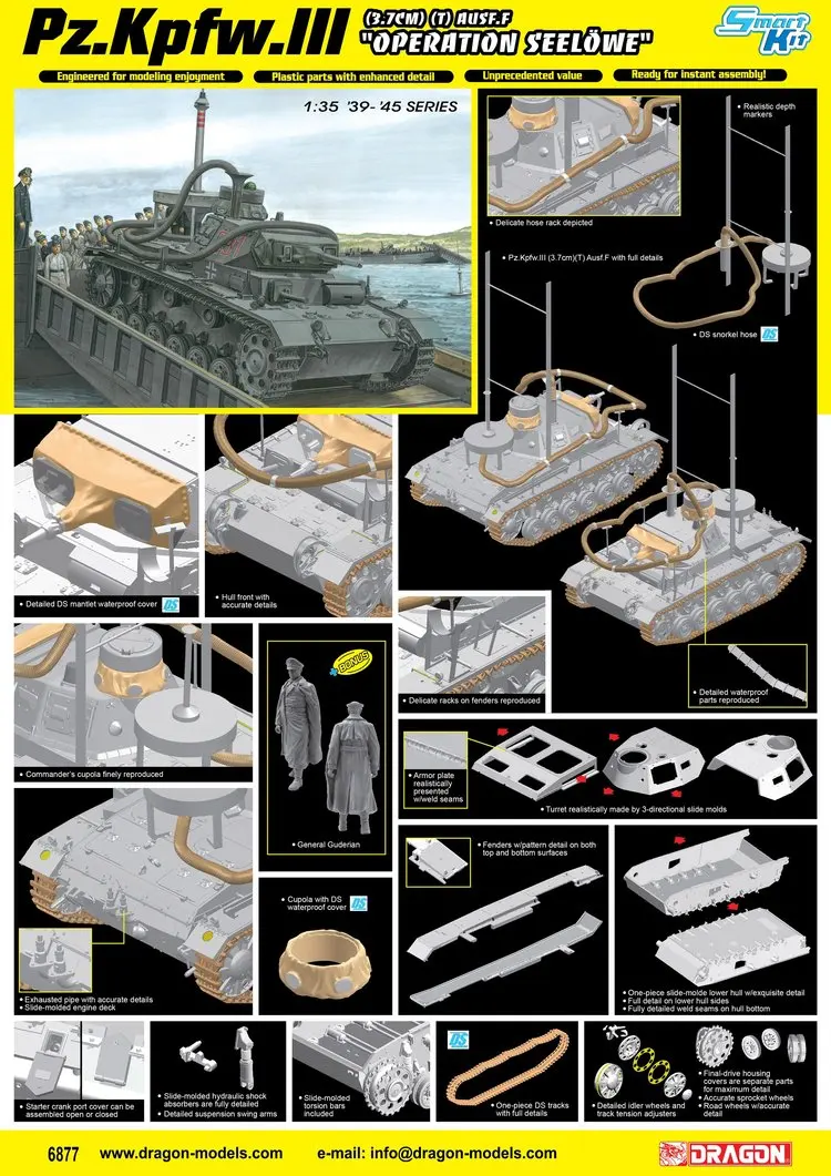 Dragon 6877 1/35 Pz.Kpfw.III (3.7cm) (T) Ausf.F Operation Seelowe Tank Display Children Toy Plastic Assembly Building Model Kit
Dragon 6877 1/35 Pz.Kpfw.III (3.7cm) (T) Ausf.F Operation Seelowe Tank Display Children Toy Plastic Assembly Building Model Kit