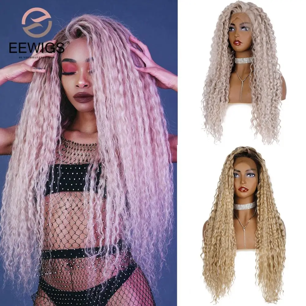 

Afro Kinky Curly Wig Synthetic Lace Front Wig Glueless Platinum Blonde with Short Roots Pink Cosplay Ombre Wigs