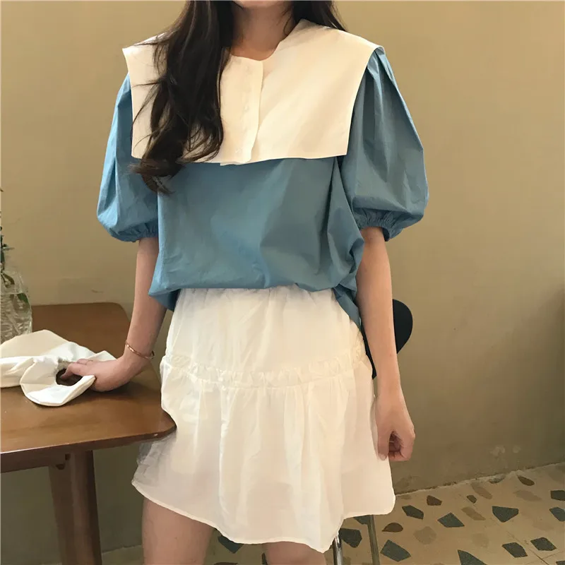 Blouse Women Casual Sailor Collar Solid Puff Sleeve Pullover Loose College Wind All Match Loose Street Short Sleeve Clothes
Blouse Women Casual Sailor Collar Solid Puff Sleeve Pullover Loose College Wind All Match Loose Street Short Sleeve Clothes