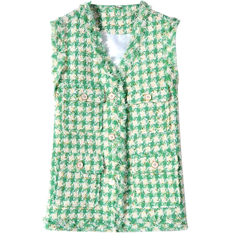 French style small fragrance tweed tassel vest women v-neck plaid single breasted top waistcoat 
French style small fragrance tweed tassel vest women v-neck plaid single breasted top waistcoat