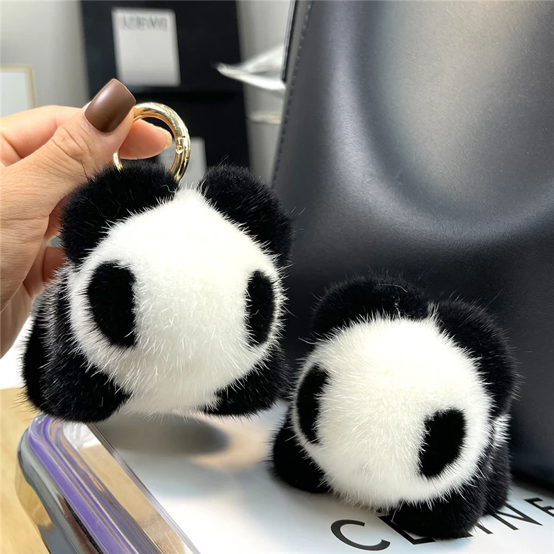 

Plush Toy Real Mink Fur Keychain Cute Panda Bag Jewelry Pendant Ornaments Women Car Key Metal Ring Bear Trinkets Birthday Gift