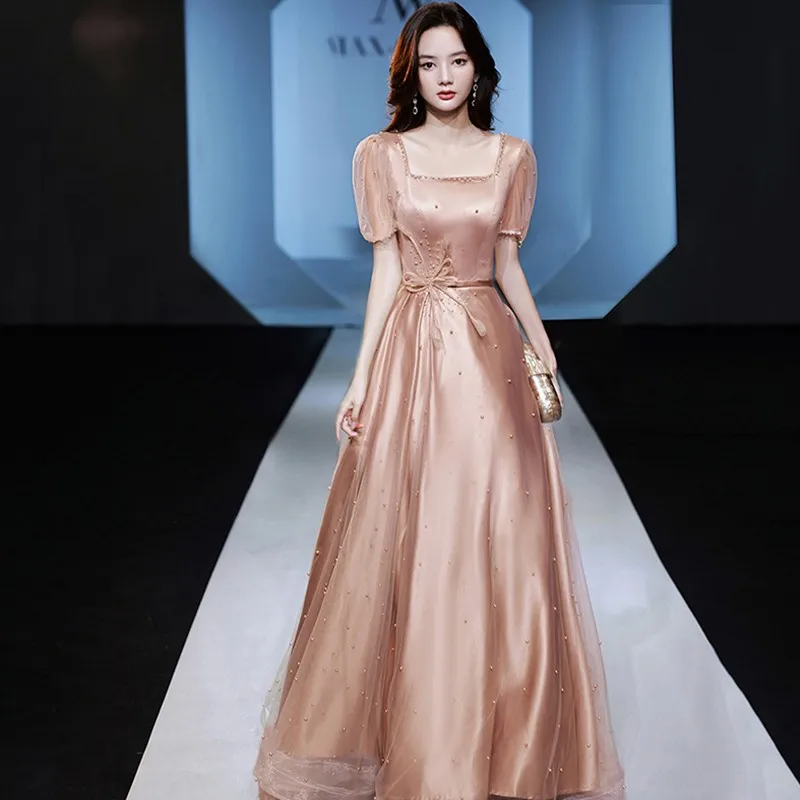 Women Square Collar Slim Long Banquet Gown Pearl Trim Elegant Long A-Line Dress Exquisite Appliques Evening Party Dresses
Women Square Collar Slim Long Banquet Gown Pearl Trim Elegant Long A-Line Dress Exquisite Appliques Evening Party Dresses