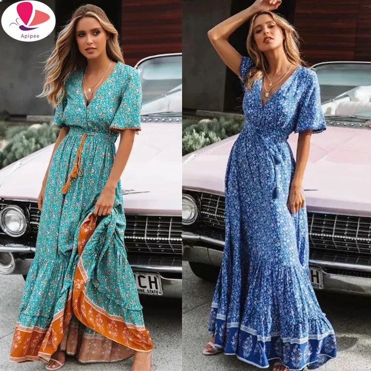 Women Dresses Bohemian Dresses Print Summer Dress Short Sleeve Ruffled Long Maxi Dress V-neck Drawstring Ladies Vestidos
Women Dresses Bohemian Dresses Print Summer Dress Short Sleeve Ruffled Long Maxi Dress V-neck Drawstring Ladies Vestidos
