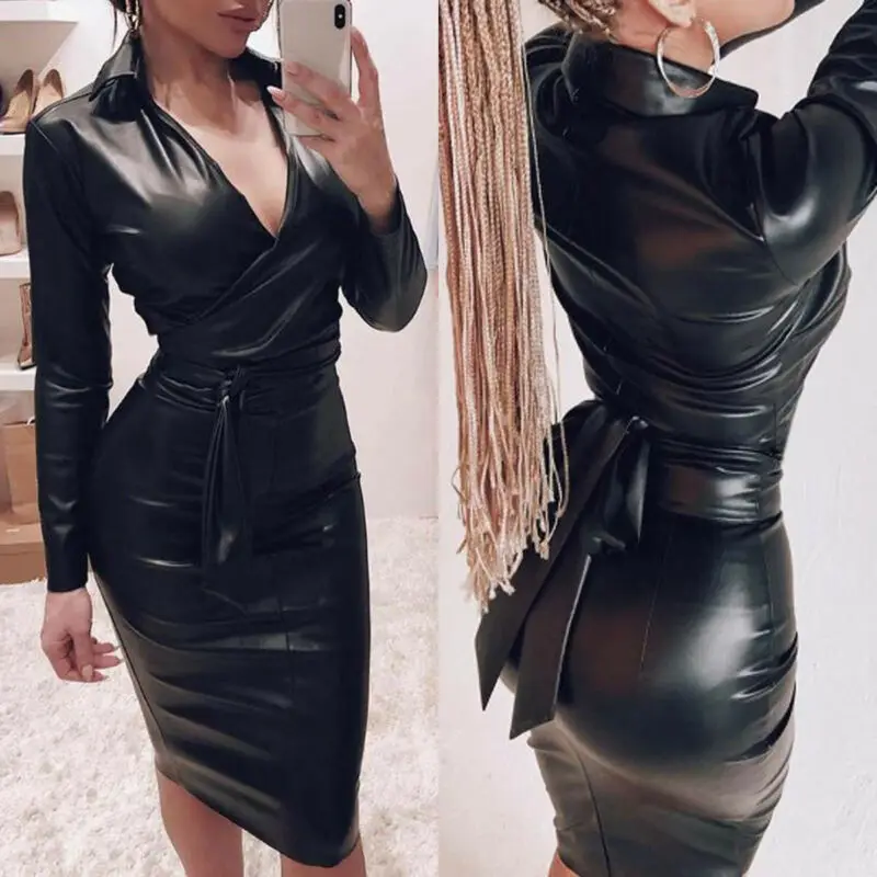 Women's PU Leather Dress Club Autumn Long Sleeve Dresses Bodycon Stretch Shirt Dresses Fashion V neck Black Party Vestidos Dress
Women's PU Leather Dress Club Autumn Long Sleeve Dresses Bodycon Stretch Shirt Dresses Fashion V neck Black Party Vestidos Dress