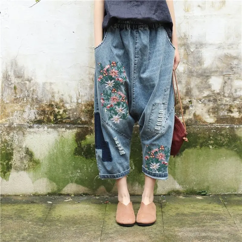 Women Baggy Low Crotch Denim Pants Plus Size Elastic Waist Floral Embroidered Jeans Hip Hop Oversized Harem Trousers Boyfriend
Women Baggy Low Crotch Denim Pants Plus Size Elastic Waist Floral Embroidered Jeans Hip Hop Oversized Harem Trousers Boyfriend