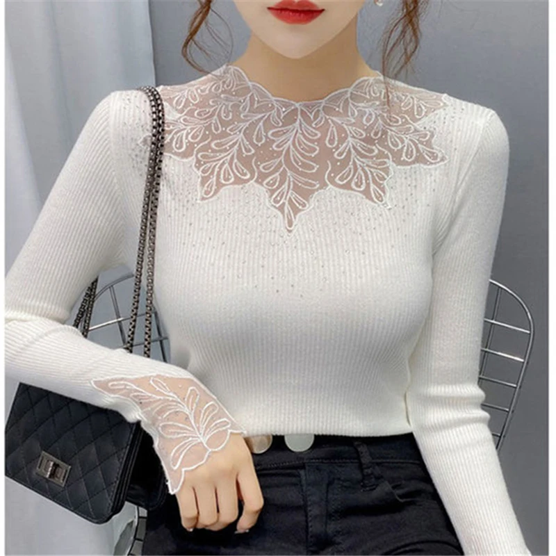 Hollow out Long sleeve knitting Pullovers Women Lace Patchwork Sweater Autumn Solid Color slim tops Base Tee Office Lady 
Hollow out Long sleeve knitting Pullovers Women Lace Patchwork Sweater Autumn Solid Color slim tops Base Tee Office Lady