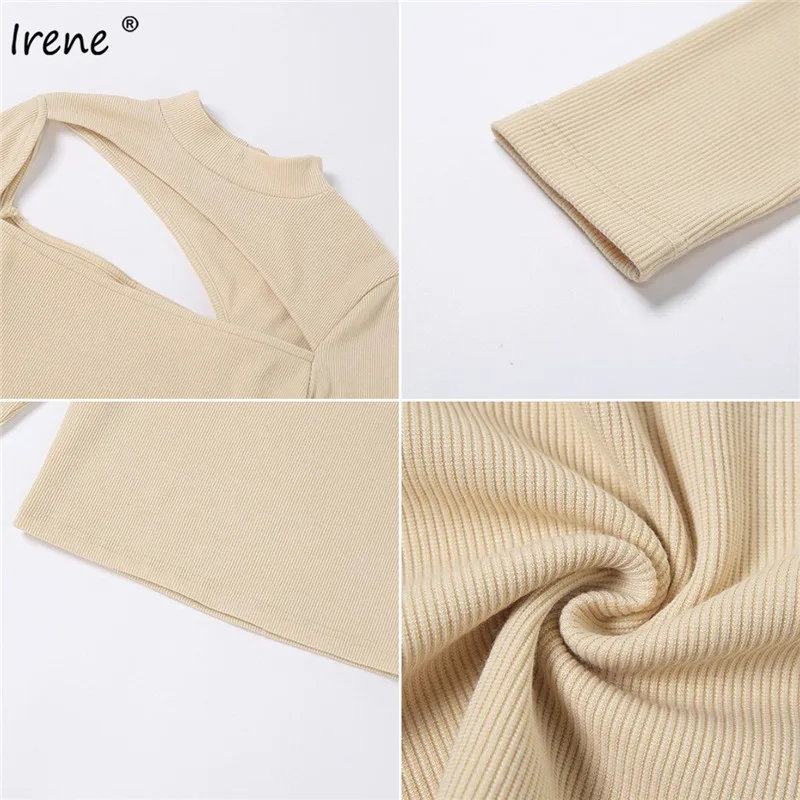 Irene Black Sexy Hollow Out Women Basic T Shirts 2020 Fashion Casual Slim Autumn Winter O Neck Long Sleeve Knitted Tops