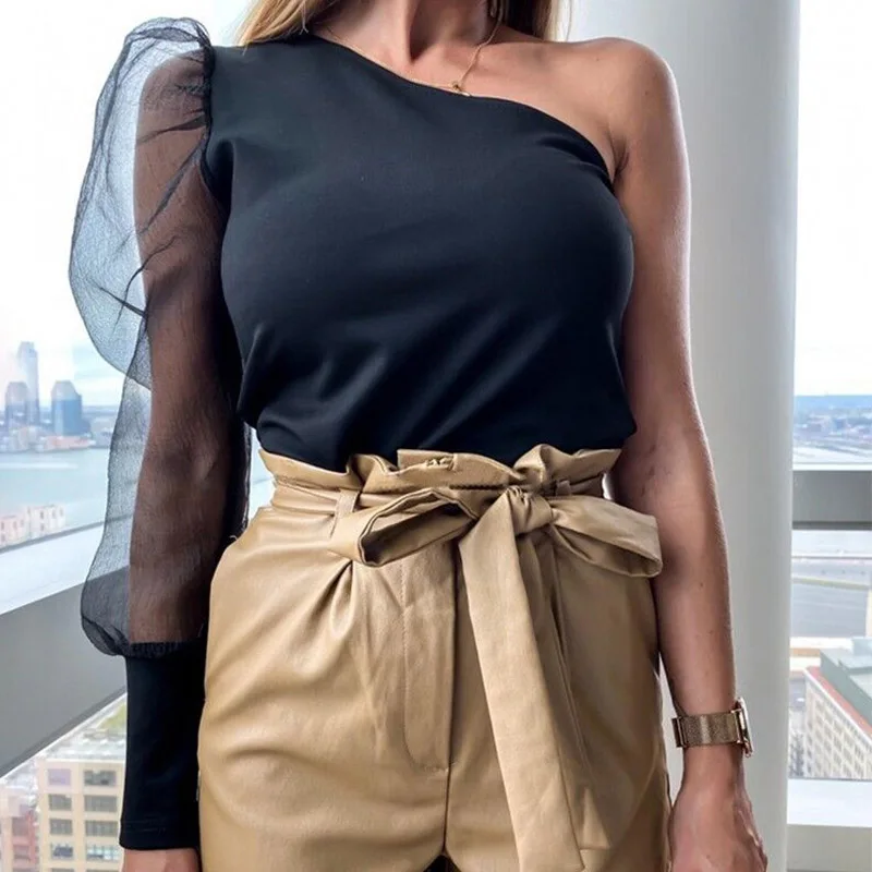 Puff Sleeve Mesh Patchwork Blouse Women One Shoulder Sexy Shirt Solid Ladies Loose Tee Casual Blouse Top Femme Blusas Femininas
Puff Sleeve Mesh Patchwork Blouse Women One Shoulder Sexy Shirt Solid Ladies Loose Tee Casual Blouse Top Femme Blusas Femininas