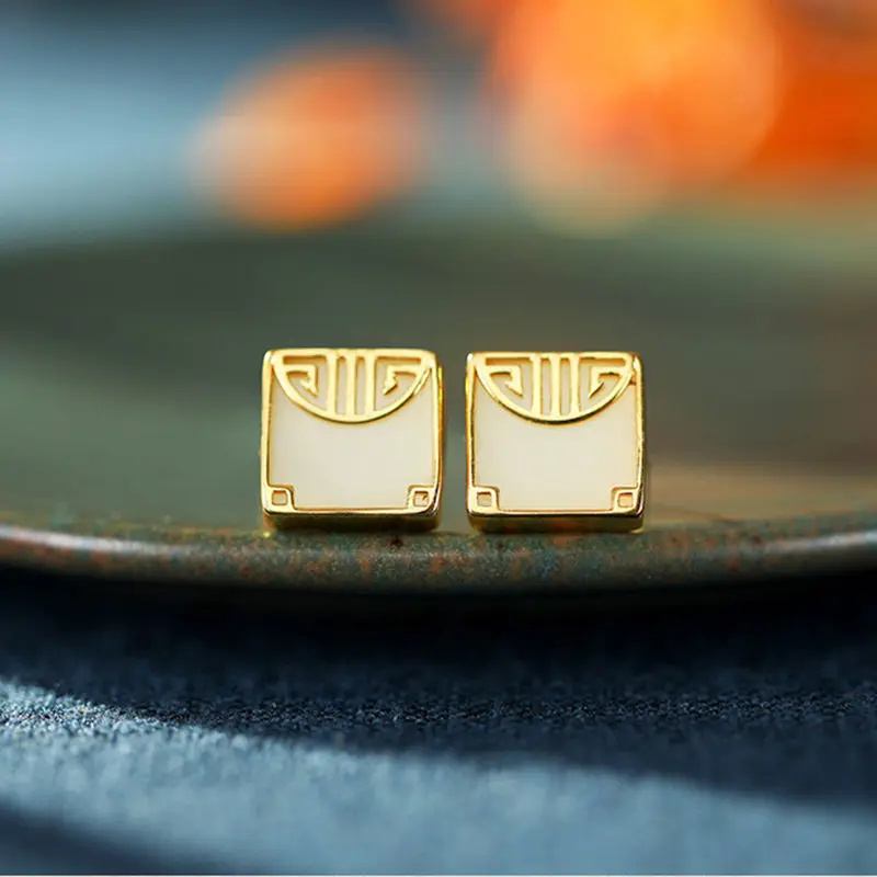 

Silver ancient gold craftsmanship inlaid natural Hetian jade square earrings elegant and exquisite ladies party accessories