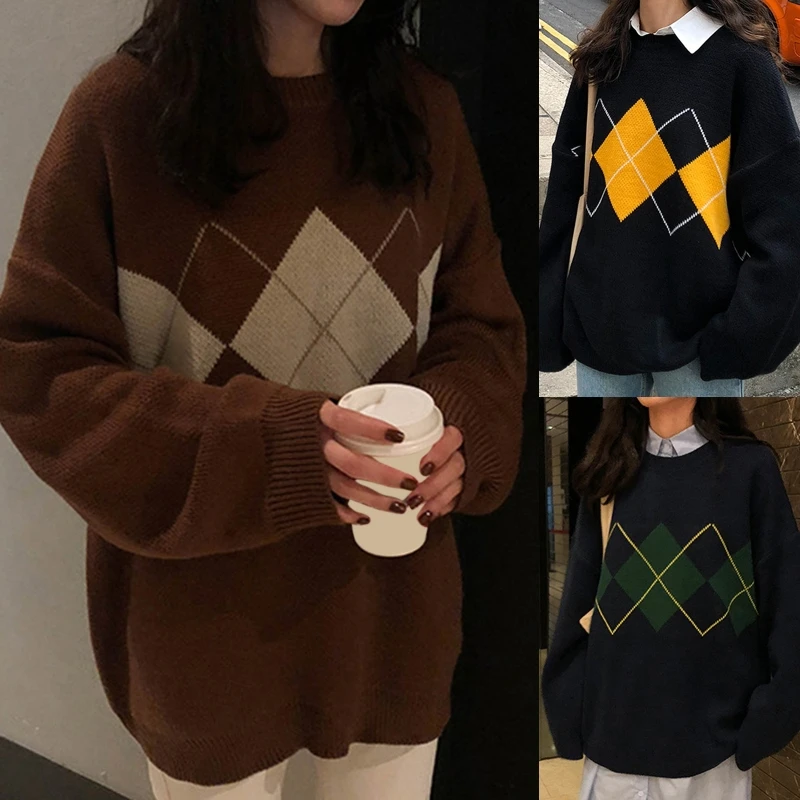Women Long Sleeve O-Neck Sweater Argyle Plaid Pattern Oversized Knitwear Tops D08E
Women Long Sleeve O-Neck Sweater Argyle Plaid Pattern Oversized Knitwear Tops D08E