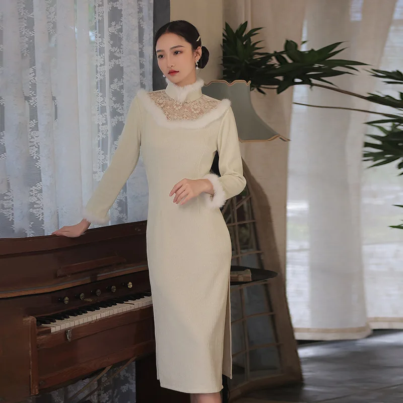 Lace Perspective Cheongsams Sexy Slim Vintage Qipao Women Autumn Winter Chinese Dress Slim Plush Evening Party Gown Vestidos New
Lace Perspective Cheongsams Sexy Slim Vintage Qipao Women Autumn Winter Chinese Dress Slim Plush Evening Party Gown Vestidos New