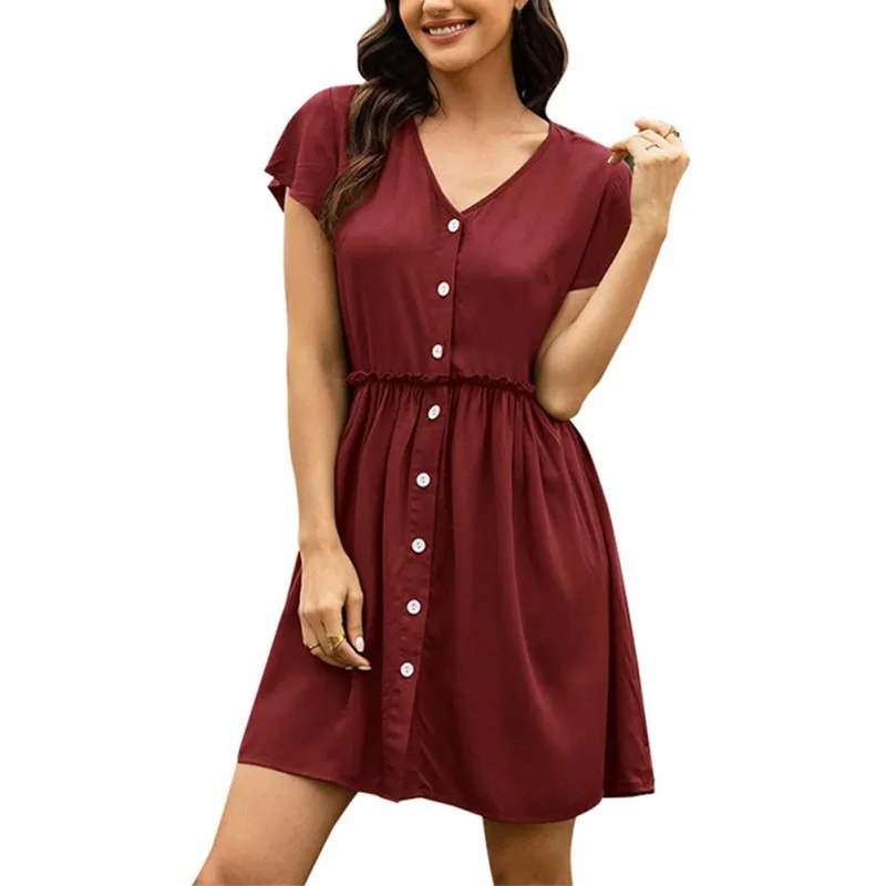 2021 Summer New Women's Solid Color V-Neck Single Breasted Short Sleeve High Waist Dress With Auricular Edge
2021 Summer New Women's Solid Color V-Neck Single Breasted Short Sleeve High Waist Dress With Auricular Edge