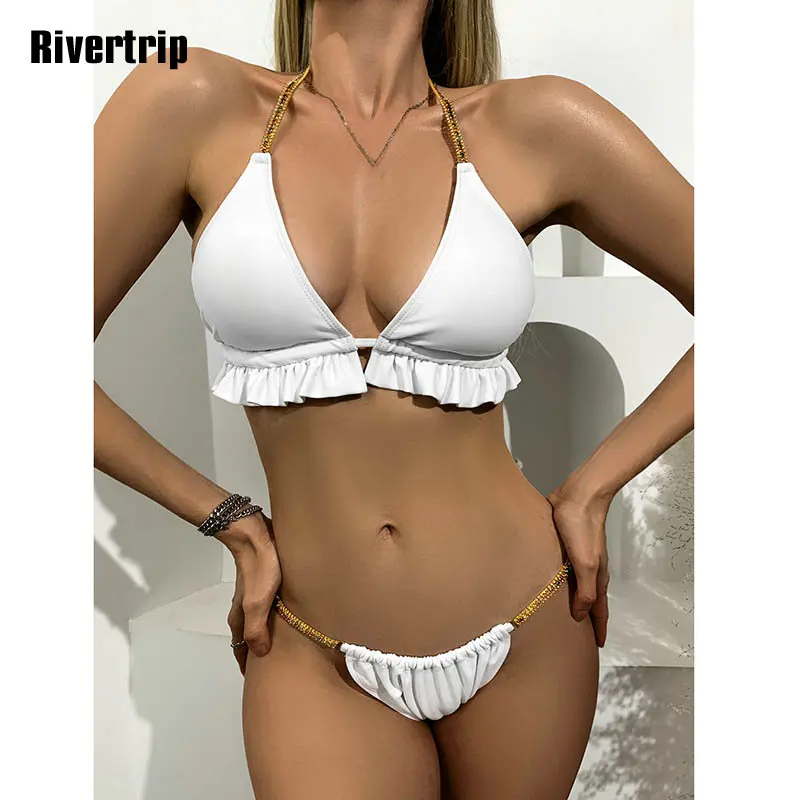 

Rivertrip Push Up Bikinis Ruffled Swimsuits Women Solid White Swimwear Women Sexy Halter Bathing Suits Micro Thong Sexy Biquini