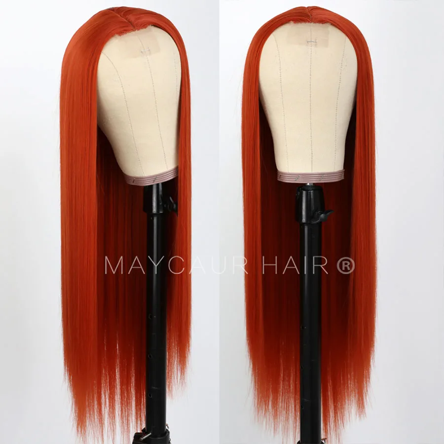Парики Maycaur из длинных прямых волос парики оранжевого цвета на сетке спереди для