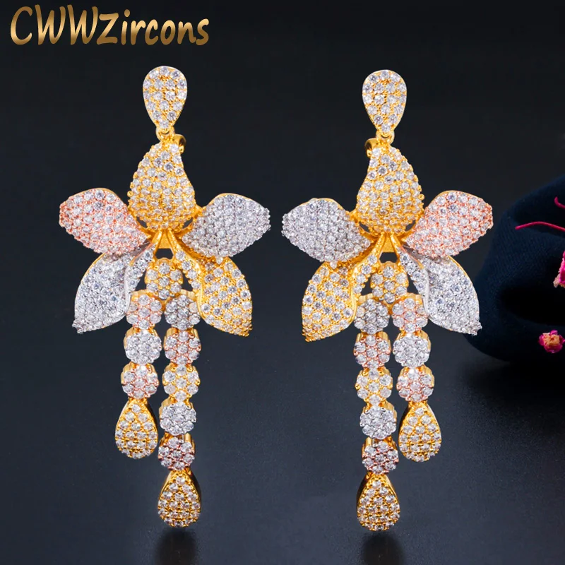 

CWWZircons 3 Tone Gold Plated Cubic Zircon Long Fringed Flower Dangling Tassel Drop Earrings for Women Dress Jewelry CZ679