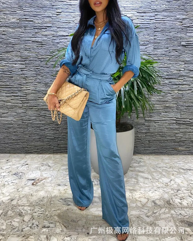 Женский комплект из 2 предметов и брюк, Новинка лета 2021, синий атласный комплект из рубашки и брюк
Женский комплект из 2 предметов и брюк, Новинка лета 2021, синий атласный комплект из рубашки и брюк