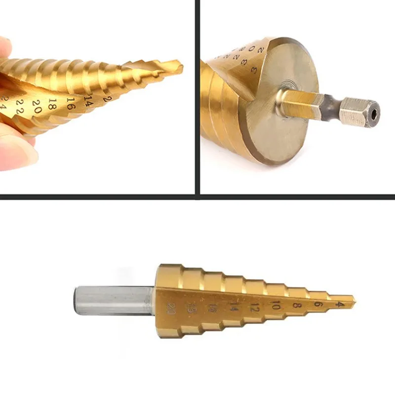 4-32mm Titanium Coated Pagoda Step Drill HSS Triangular Shank Hole Taper Drill Step Drill Bit durable high hardness Power Tool