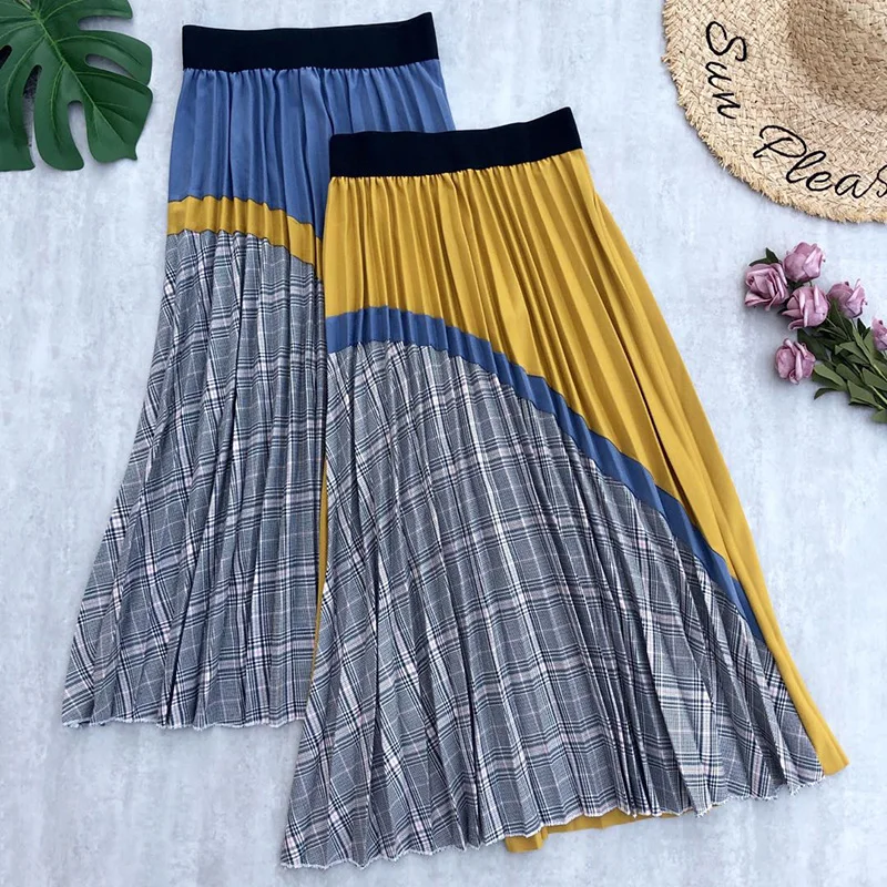 Autumn Winter Women's Skirts Pleated Skirts Patchwork Midi Skirts Stretched Plaid Long Skirts Cotton Skirts Womens Jupe Femme 
Autumn Winter Women's Skirts Pleated Skirts Patchwork Midi Skirts Stretched Plaid Long Skirts Cotton Skirts Womens Jupe Femme