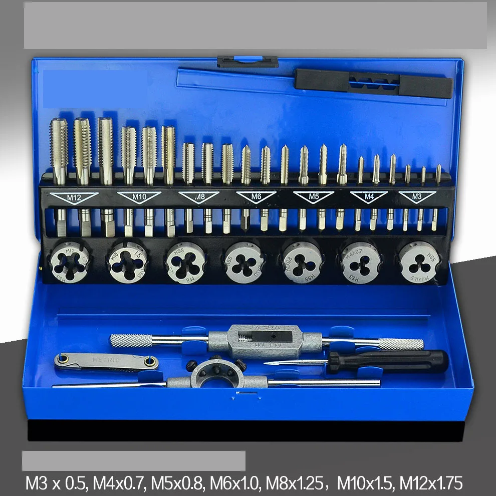 32 PCS HSS Tap and Die Set Metric Wrench Cut M3-M12 Hand Threading Tool Tungsten Carbide Tap Die Screw Thread Making Tool
32 PCS HSS Tap and Die Set Metric Wrench Cut M3-M12 Hand Threading Tool Tungsten Carbide Tap Die Screw Thread Making Tool