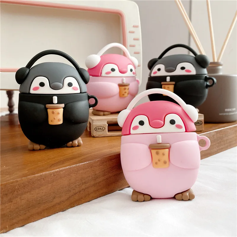 

Cute Milk Tea Music Penguin 3D Headphone Case For AirPods 1 2 pro Soft Silicone Wireless Bluetooth Earphone Protective Cover