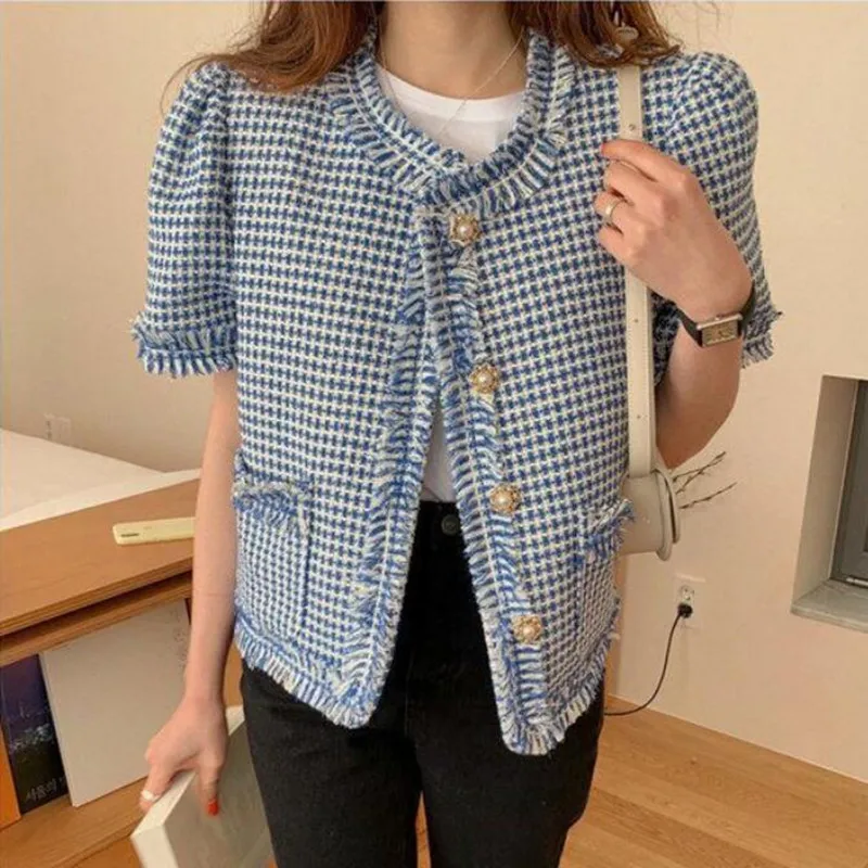 Куртка женская из твида, с необработанными краями, летняя, 2021 
Куртка женская из твида, с необработанными краями, летняя, 2021