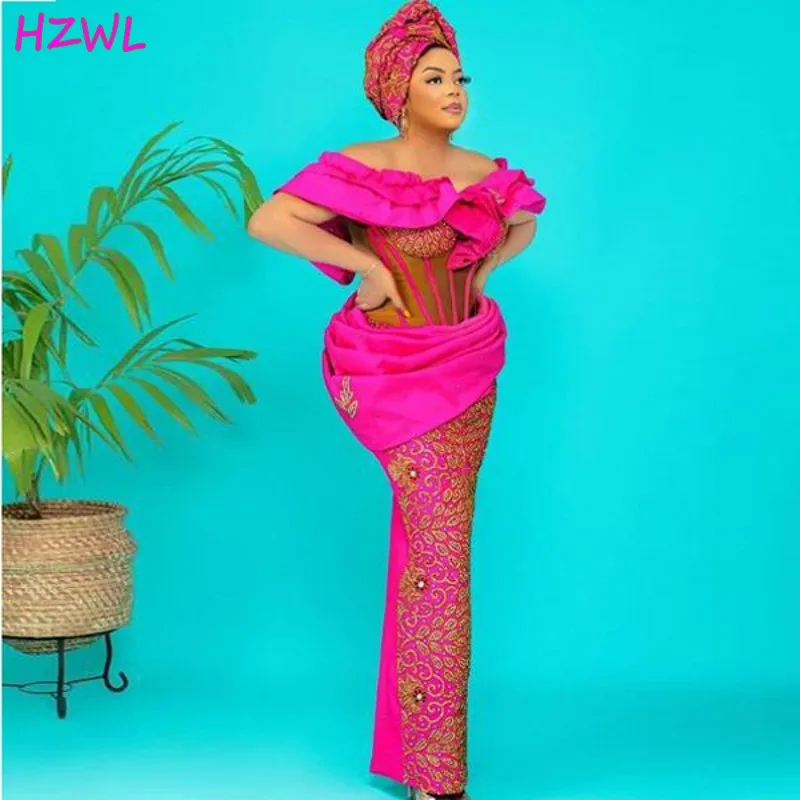 Фуксия Aso Ebi африканские вечерние платья размера плюс оборки с открытыми плечами