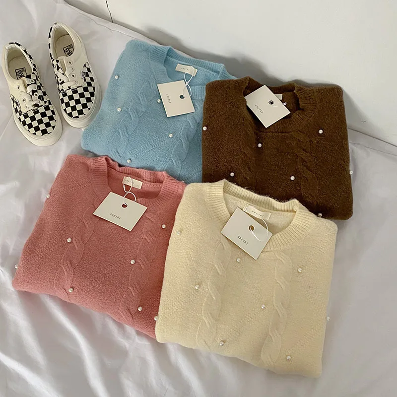 Autumn Winter Sweet Style Pearls Design Loose Sweater Women Fashion Elegant O Neck Casual Knitting Pullover Female Chic Jumper
Autumn Winter Sweet Style Pearls Design Loose Sweater Women Fashion Elegant O Neck Casual Knitting Pullover Female Chic Jumper