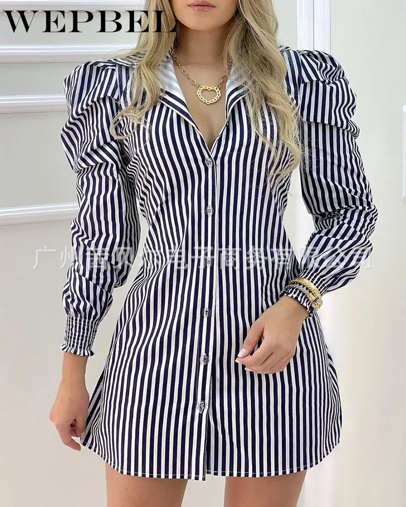 WEPBEL Women Elegant Skinny Stripe Mini Dress Casual Long Puff Sleeve Single Breasted Turn Down Collar Slim Fit Dress
WEPBEL Women Elegant Skinny Stripe Mini Dress Casual Long Puff Sleeve Single Breasted Turn Down Collar Slim Fit Dress