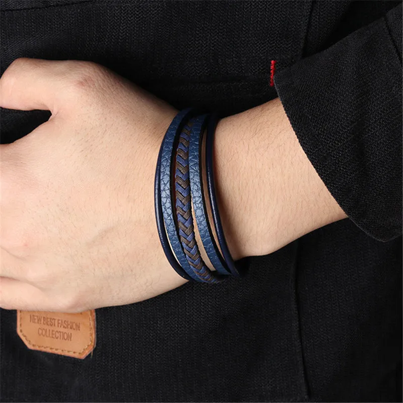 

Charmsmic Navy Blue Leather Bracelets Sets For Mens Magnetic Clasp Powerful Armband Handmade Braided DIY Jewelry Wholesale