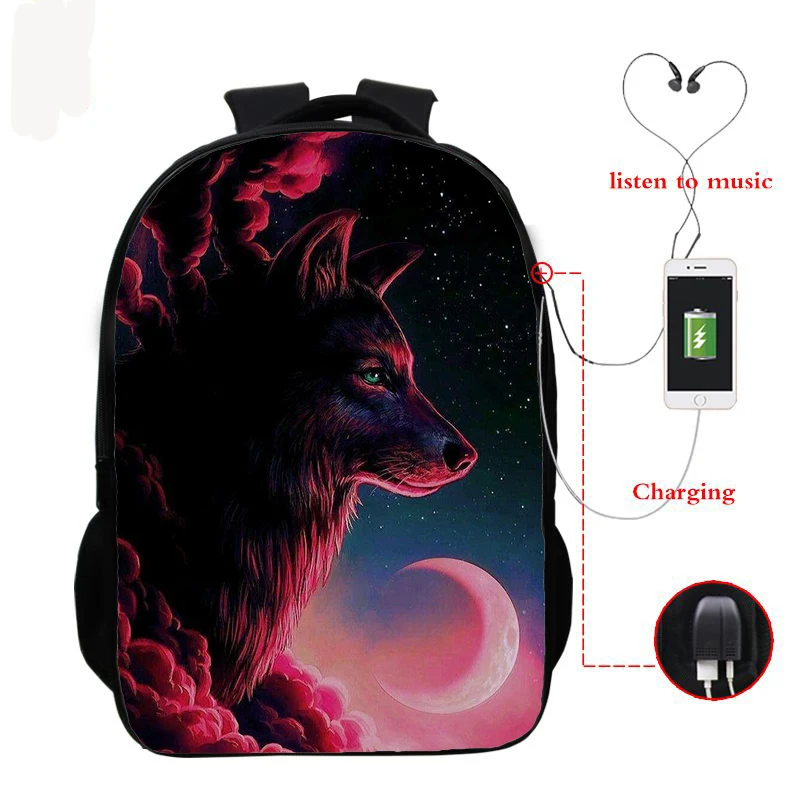 

Wolf 3D Printed Backpack Boys Girls Mochila College Student Schoolbag Teenager Usb School Backpacks Women Men Bookbag Satchel