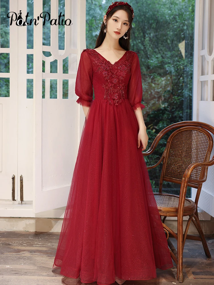 Wine Red Engagement Dress 2021 Elegant V-neck A-line Floor-length Long Women Formal Evening Gowns With 3/4 Sleeves
Wine Red Engagement Dress 2021 Elegant V-neck A-line Floor-length Long Women Formal Evening Gowns With 3/4 Sleeves