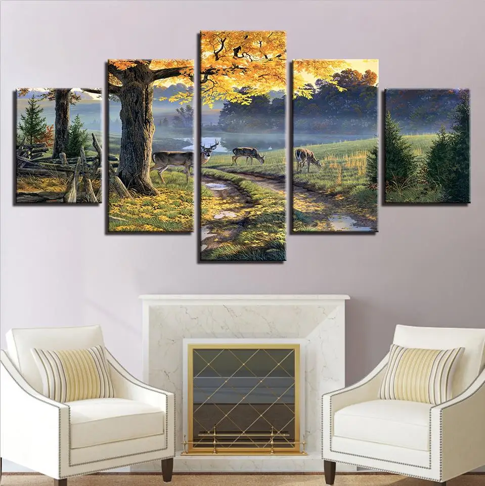 

Canvas Painting Wall Art HD Prints 5 Pieces Autumn Forest Deers Pictures Animal Trees Scenery Poster Living Room Decor(No Frame)