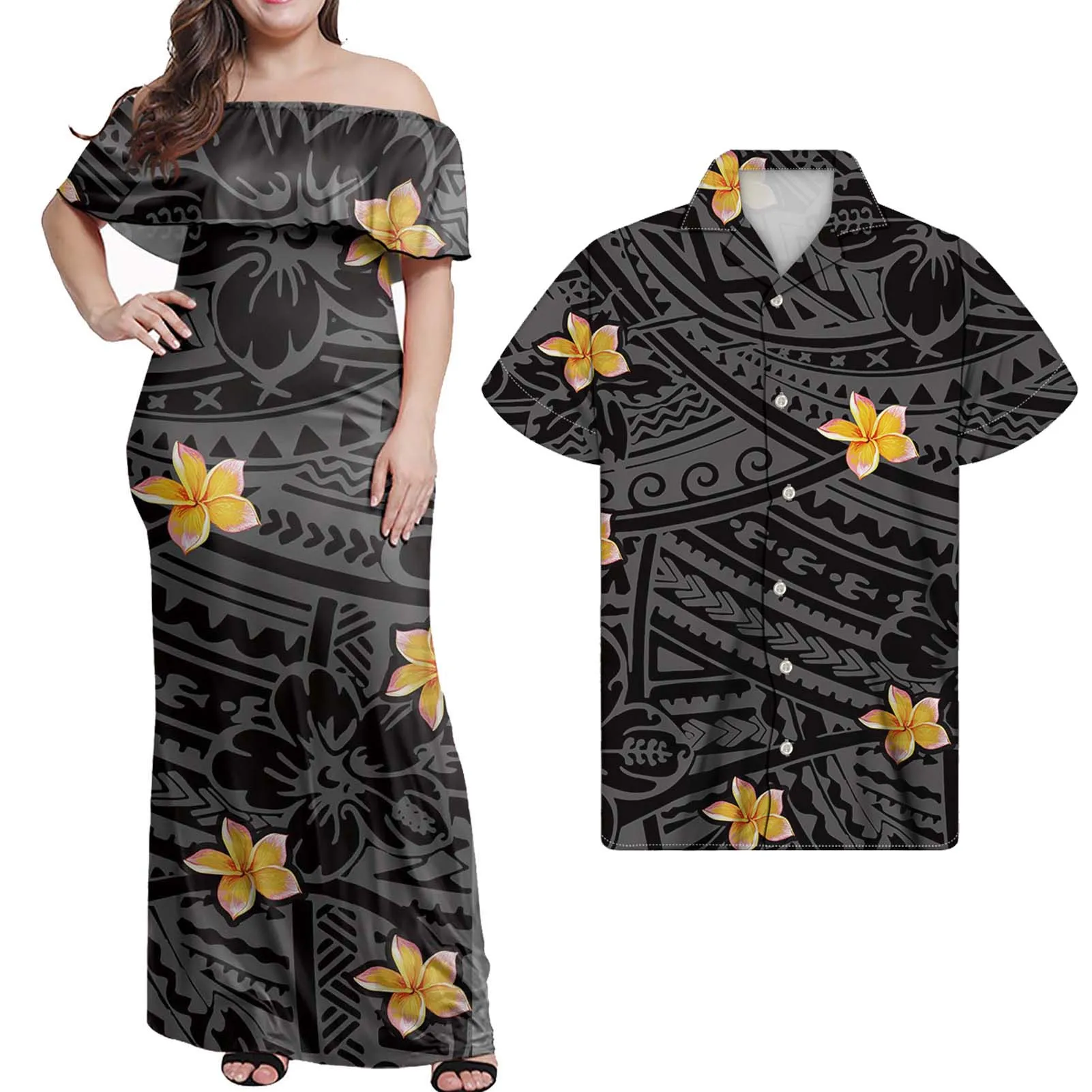 

Hycool Off Shoulder Sexy Dress Polynesian Tribal Hawaii Flower Print Ruffle Long Wedding Dress Party Club Maxi Dress Vestido