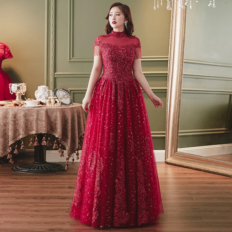 Burgundy High Neck Sequins Evening Dress Floor-Length A-Line Beading Short Sleeves Embroidery Plus Size Women Formal Gowns D892
Burgundy High Neck Sequins Evening Dress Floor-Length A-Line Beading Short Sleeves Embroidery Plus Size Women Formal Gowns D892