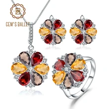 GEMS BALLET 925 Sterling Silver Gemstone Jewelry Set Ring Earrings Pendant Set Natural Garnet Smoky Quartz Citrine For Women