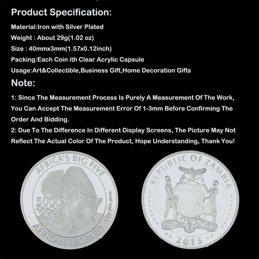 SIlver Plated African Wildlife Leopard Zambia Kwacha Animal Souvenirs Coin Medal Collectible Challenge Coins Gift Challenger 
SIlver Plated African Wildlife Leopard Zambia Kwacha Animal Souvenirs Coin Medal Collectible Challenge Coins Gift Challenger