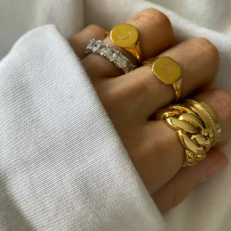 European and American Hip Hop Punk Twist Thick Chain Ring 18K Gold Plated Stainless Steel Rings Unisex Men Women Jewelry | Украшения и
