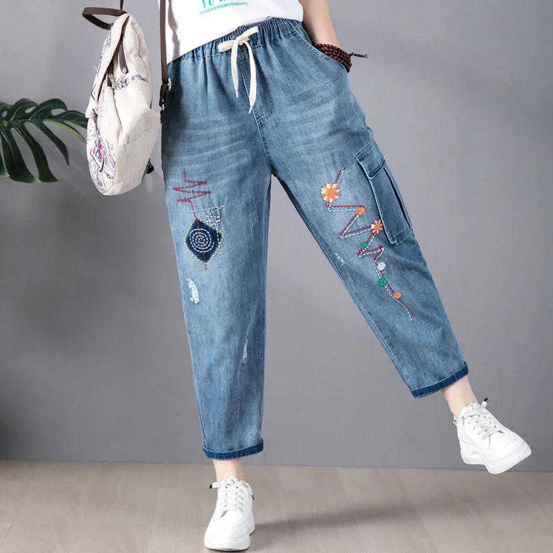 

SHZQ Spring Summer Fashion Women Embroidery Scratches Ankle Length Jeans Office Lady Elastic Waist Blue Casual Harem Denim Pants
