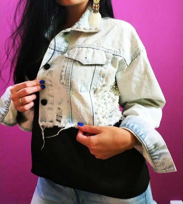 2019 Autumn Denim Coat For Women Loose Beading Jacket Button Hole Cool Cropped Tops Streetwear | Женская одежда