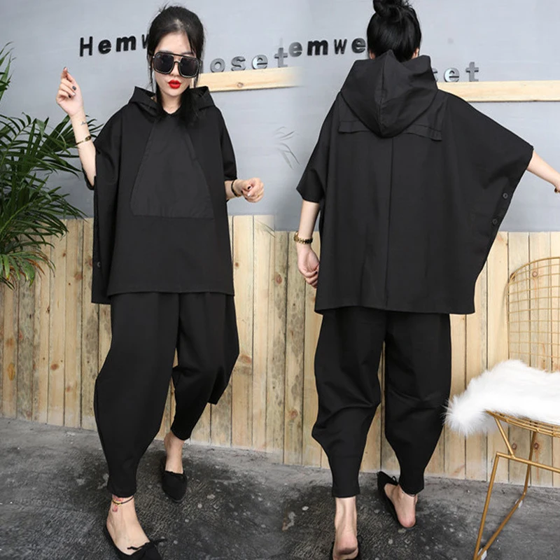 

2021 Black Hip Hop Two Piece Set Autumn Loose Tracksuit Hooded Tops + Harem Pants Womens Suit Female Cloak Bat Shirt Clothing