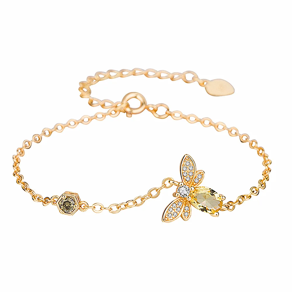 Elegance Yellow Cubic Zirconia Bee Charm Bracelets for Women Gold Chain Crystal Bracelet Adjustable Animal Femme Jewelry | Украшения и