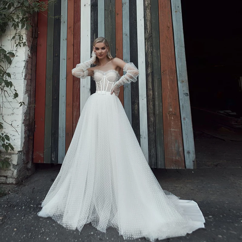 Off the Shoulder Dotted Tulle Beach Wedding Dresses with Removable Gloves Corset Lace Up Back Boho Bridal Gowns Princess
Off the Shoulder Dotted Tulle Beach Wedding Dresses with Removable Gloves Corset Lace Up Back Boho Bridal Gowns Princess
