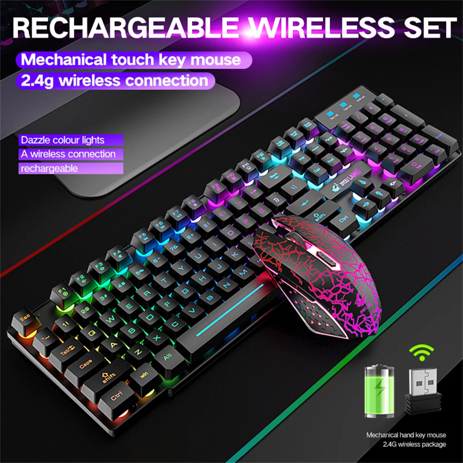 Беспроводной Gaming Keyboard игры Мышь детской одежды в цветах радуги светодиодный мышь