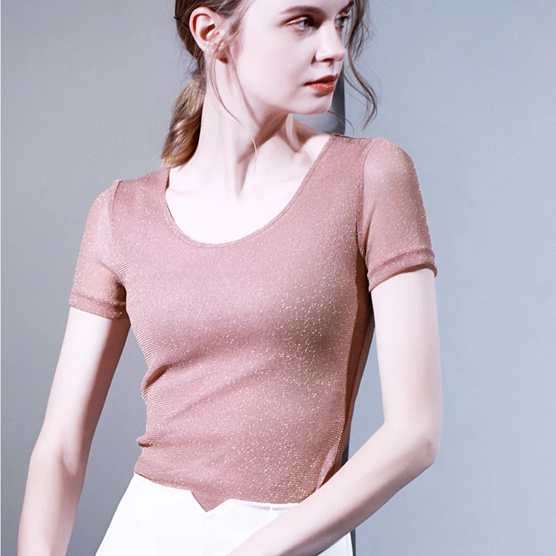 Bright Silk T-Shirt Women's Net Yarn Bottoming Shirt Short-Sleeved Flashing Silk Inner Half-Sleeved T-Shirt Tights Female Summer
Bright Silk T-Shirt Women's Net Yarn Bottoming Shirt Short-Sleeved Flashing Silk Inner Half-Sleeved T-Shirt Tights Female Summer