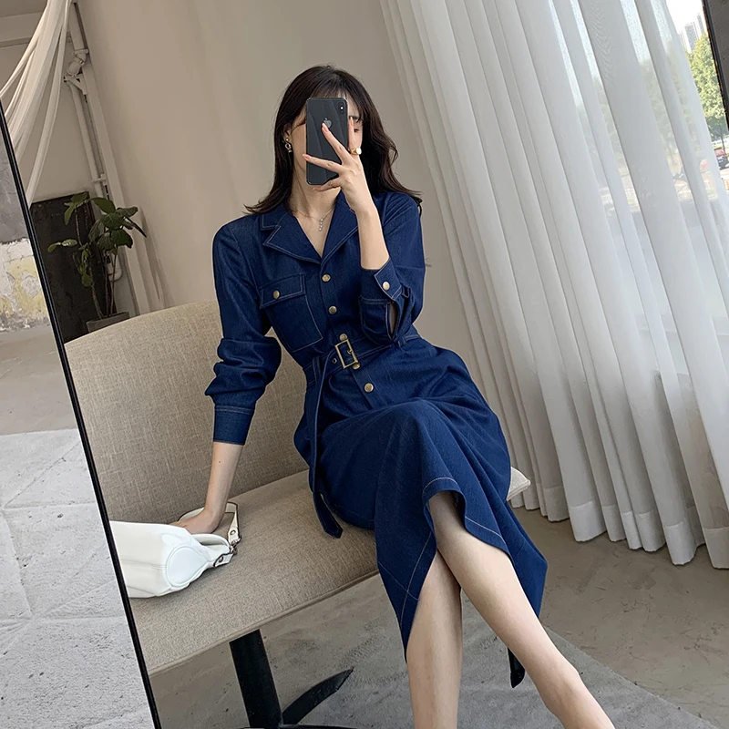 Elegant Denim Dress Women Chic Belt Single-Breasted Long Sleeve OL Office Lady Temperament Jeans Dress Outerwear Korean Vestidos
Elegant Denim Dress Women Chic Belt Single-Breasted Long Sleeve OL Office Lady Temperament Jeans Dress Outerwear Korean Vestidos