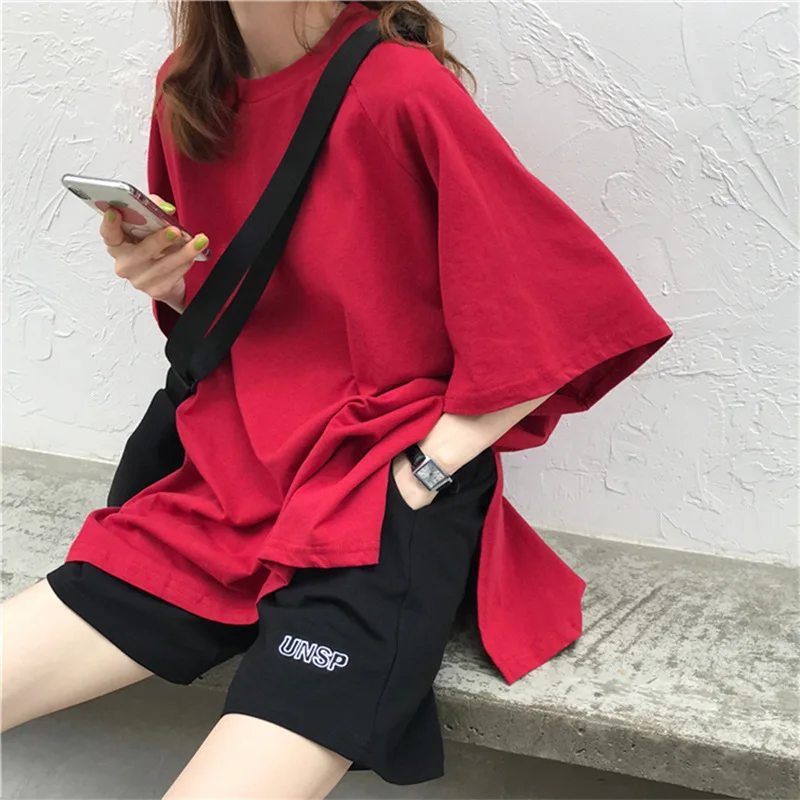 2021 Spring summer Women T-shirt Slit short Sleeve Basic Tee Shirt Solid Oversized Loose Casual O-neck Harajuku Female Top Korea
2021 Spring summer Women T-shirt Slit short Sleeve Basic Tee Shirt Solid Oversized Loose Casual O-neck Harajuku Female Top Korea