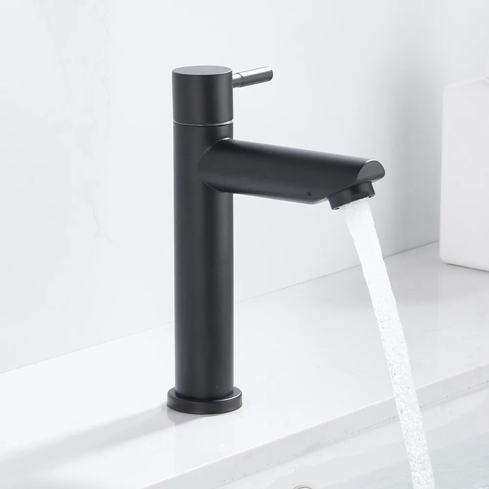 

Black Basin Faucet G1/2 Thread Kitchen Bathroom Mixer Sink Tap Stainless Steel Single Cold Water Matte Deck Mounted Faucets