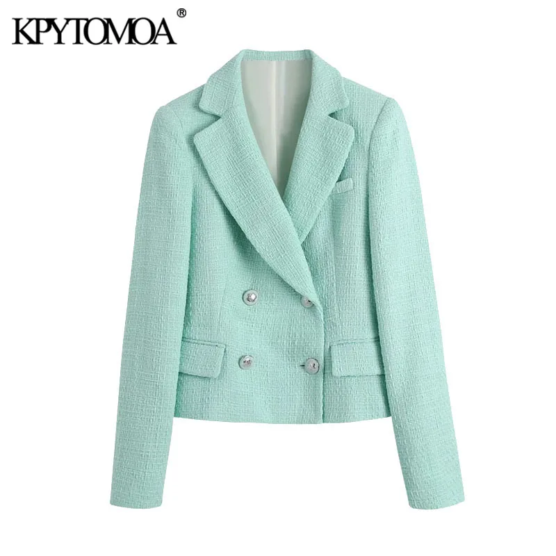 

KPYTOMOA Women Fashion Double Breasted Cropped Tweed Blazer Coat Vintage Long Sleeve Pockets Female Outerwear Chic Veste