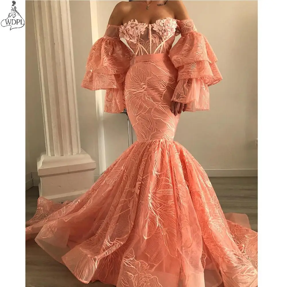 Dramatic Mermaid Prom Dresses Slash Neck Puffy Layered Long Sleeves Lace Abendkleider Evening Dress Arabic Chic robe de soiree
Dramatic Mermaid Prom Dresses Slash Neck Puffy Layered Long Sleeves Lace Abendkleider Evening Dress Arabic Chic robe de soiree