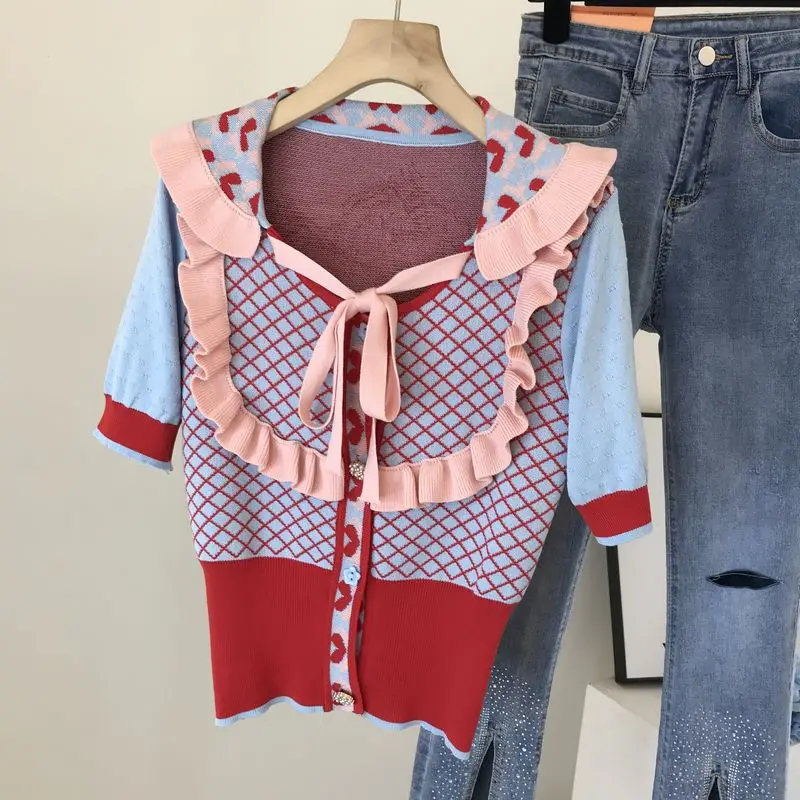 Amolapha Summer Women New Arrive Argyle Jacquard V-Neck Hollow Out Bow Short Sleeve Thin Knitted Cardigan Sweater
Amolapha Summer Women New Arrive Argyle Jacquard V-Neck Hollow Out Bow Short Sleeve Thin Knitted Cardigan Sweater